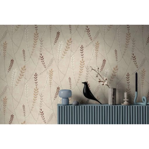 A természet költőisége - nemes és letisztult levélmotívum krém bézs karamell fehér és bordó tónus tapéta