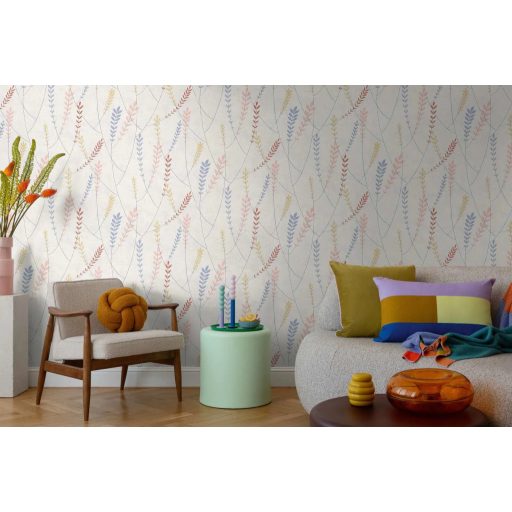 A természet költőisége - nemes és letisztult levélmotívum fehér pasztell rózsaszín levendulakék napsárga és terrakotta tónus tapéta