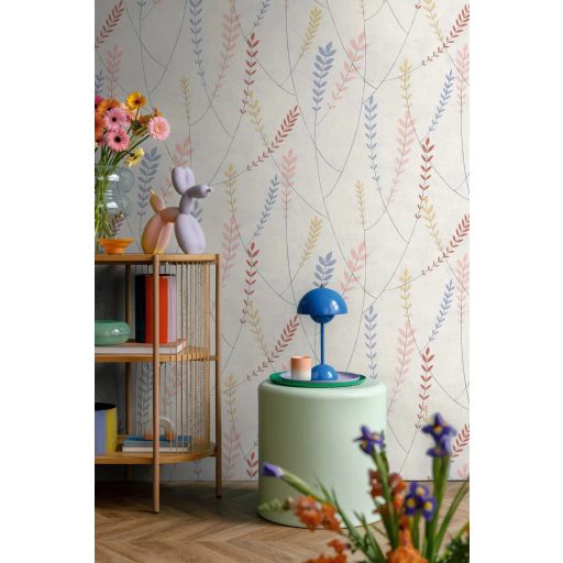 A természet költőisége - nemes és letisztult levélmotívum fehér pasztell rózsaszín levendulakék napsárga és terrakotta tónus tapéta