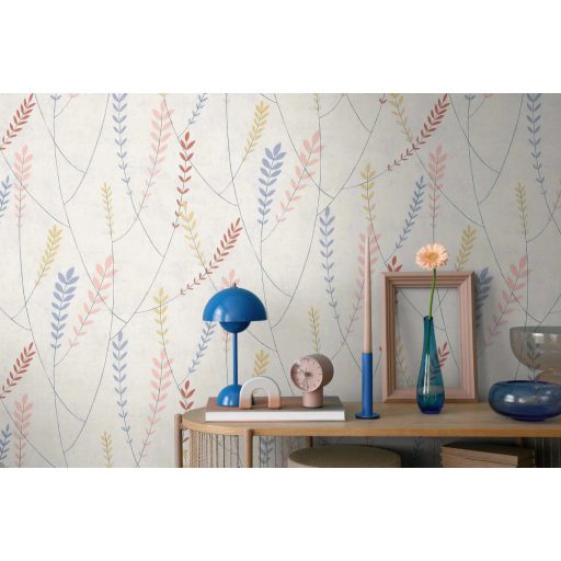 A természet költőisége - nemes és letisztult levélmotívum fehér pasztell rózsaszín levendulakék napsárga és terrakotta tónus tapéta