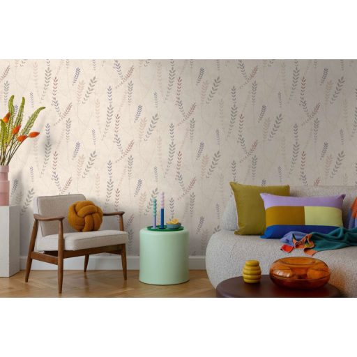 A természet költőisége - nemes és letisztult levélmotívum fehér hamvas lila zsályazöld és halvány bézs tónus tapéta