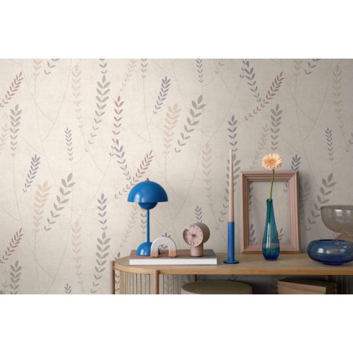 A természet költőisége - nemes és letisztult levélmotívum fehér hamvas lila zsályazöld és halvány bézs tónus tapéta