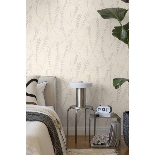 A természet költőisége - nemes és letisztult levélmotívum krémfehér szürke és szürkésbézs tónus tapéta