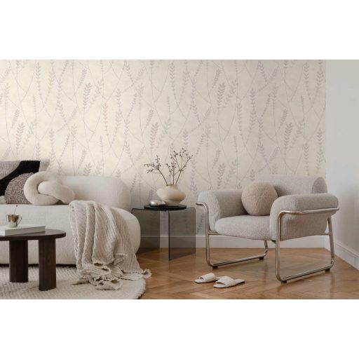 A természet költőisége - nemes és letisztult levélmotívum krémfehér szürke és szürkésbézs tónus tapéta