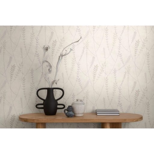 A természet költőisége - nemes és letisztult levélmotívum krémfehér szürke és szürkésbézs tónus tapéta