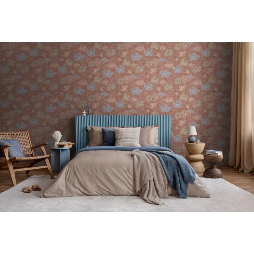 Skandináv-mediterrán hangulatú absztrakt és játékos virágkompozíció terrakotta kékesszürke olívzöld rózsaszín és fehér tónus tapéta