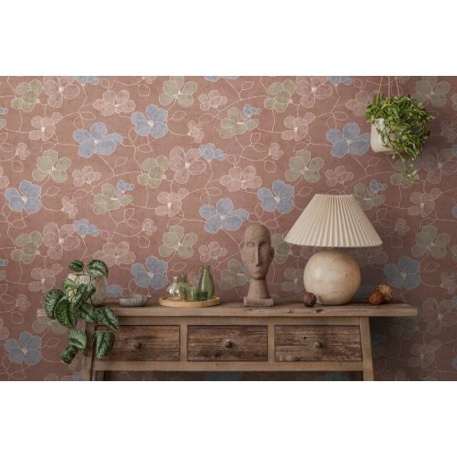 Skandináv-mediterrán hangulatú absztrakt és játékos virágkompozíció terrakotta kékesszürke olívzöld rózsaszín és fehér tónus tapéta