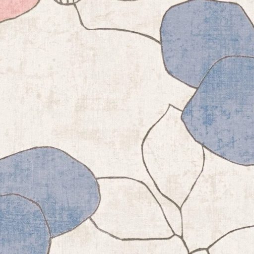 Skandináv-mediterrán hangulatú absztrakt és játékos virágkompozíció krémfehér rózsaszín égszínkék és mézes-sárga tónus tapéta