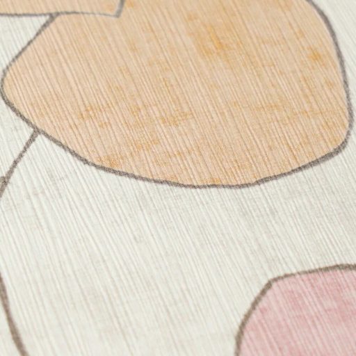 Skandináv-mediterrán hangulatú absztrakt és játékos virágkompozíció krémfehér rózsaszín égszínkék és mézes-sárga tónus tapéta