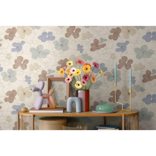 Skandináv-mediterrán hangulatú absztrakt és játékos virágkompozíció krémfehér tejeskávé levendulakék és menta tónus tapéta