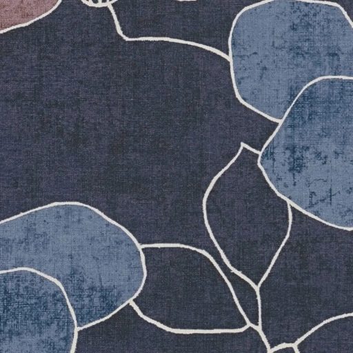 Skandináv-mediterrán hangulatú absztrakt és játékos virágkompozíció sötétkék denimkék rózsaszín és homokbézs tónus tapéta