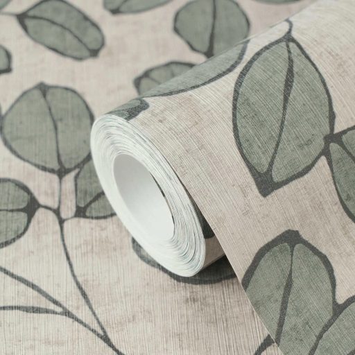 Természetrajz tankönyv a botanika szerelmeseinek - eukaliptusz levelek mintája nyers lenszín khakizöld és antracit tónus tapéta