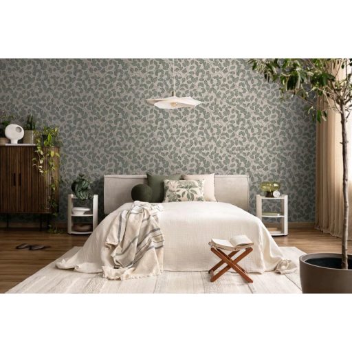 Természetrajz tankönyv a botanika szerelmeseinek - eukaliptusz levelek mintája nyers lenszín khakizöld és antracit tónus tapéta