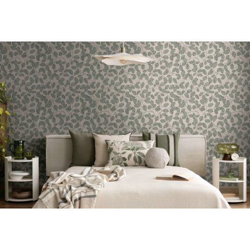 Természetrajz tankönyv a botanika szerelmeseinek - eukaliptusz levelek mintája nyers lenszín khakizöld és antracit tónus tapéta