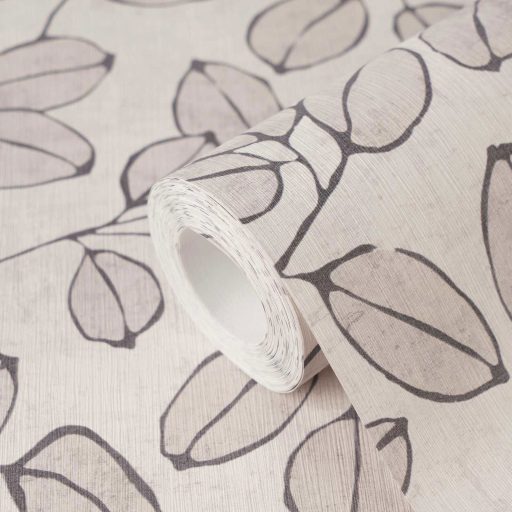 Természetrajz tankönyv a botanika szerelmeseinek - eukaliptusz levelek mintája krémes bézs/zabtej füstös taupe és mályvás-lila tapéta