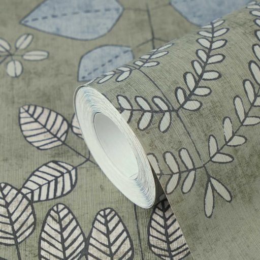 Stilizált botanikai minta páfrányokkal bogyós ágakkal és szívalakú levelekkel zsályazöld acélkék törtfehér világosbézs és faszén tónus tapéta