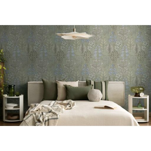 Stilizált botanikai minta páfrányokkal bogyós ágakkal és szívalakú levelekkel zsályazöld acélkék törtfehér világosbézs és faszén tónus tapéta