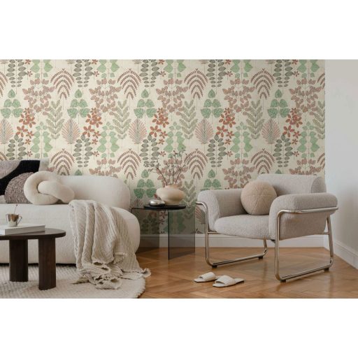 Stilizált botanikai minta páfrányokkal bogyós ágakkal és szívalakú levelekkel krémfehér terrakotta olívzöld és grafitszürke tónus tapéta