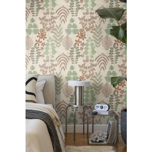 Stilizált botanikai minta páfrányokkal bogyós ágakkal és szívalakú levelekkel krémfehér terrakotta olívzöld és grafitszürke tónus tapéta