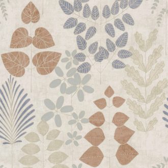   Stilizált botanikai minta páfrányokkal bogyós ágakkal és szívalakú levelekkel krémfehér mogyoróbarna acélkék és grafitszürke tónus tapéta