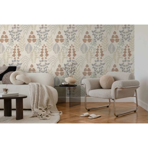 Stilizált botanikai minta páfrányokkal bogyós ágakkal és szívalakú levelekkel krémfehér mogyoróbarna acélkék és grafitszürke tónus tapéta