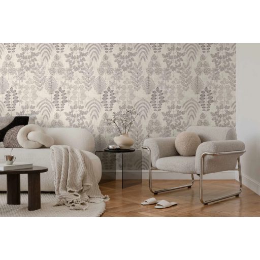 Stilizált botanikai minta páfrányokkal bogyós ágakkal és szívalakú levelekkel krém tört bézs és szürke tónus tapéta