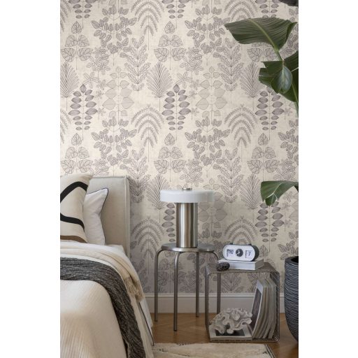 Stilizált botanikai minta páfrányokkal bogyós ágakkal és szívalakú levelekkel krém tört bézs és szürke tónus tapéta