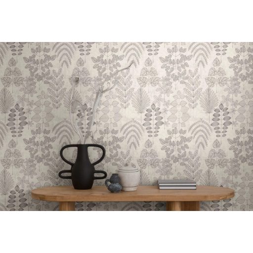 Stilizált botanikai minta páfrányokkal bogyós ágakkal és szívalakú levelekkel krém tört bézs és szürke tónus tapéta