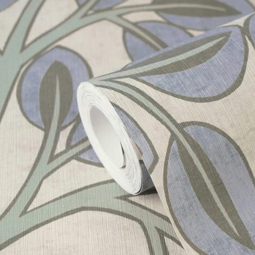 Ovális levelek absztrakt (naív) harmonikus mintája krém kékeslila perzsaszöld és olajzöld tónus tapéta