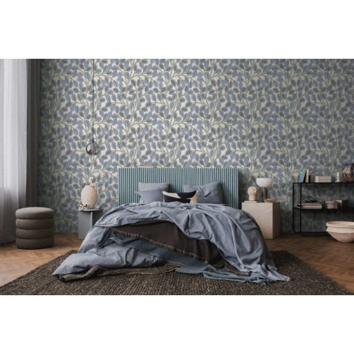 Ovális levelek absztrakt (naív) harmonikus mintája krém kékeslila perzsaszöld és olajzöld tónus tapéta