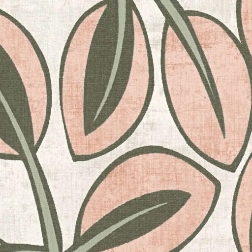 Ovális levelek absztrakt (naív) harmonikus mintája törtfehér púderes rózsaszín khakizöld korall és olajzöld tónus tapéta