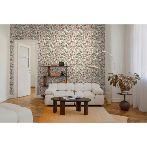 Ovális levelek absztrakt (naív) harmonikus mintája törtfehér púderes rózsaszín khakizöld korall és olajzöld tónus tapéta