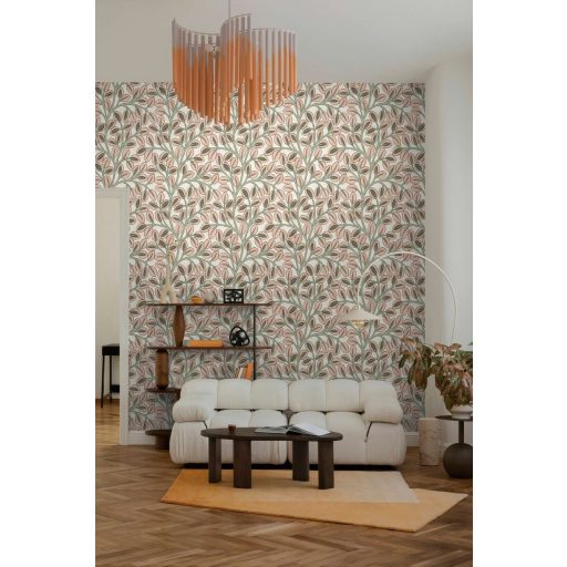 Ovális levelek absztrakt (naív) harmonikus mintája törtfehér púderes rózsaszín khakizöld korall és olajzöld tónus tapéta