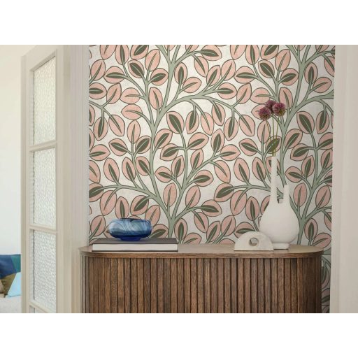 Ovális levelek absztrakt (naív) harmonikus mintája törtfehér púderes rózsaszín khakizöld korall és olajzöld tónus tapéta