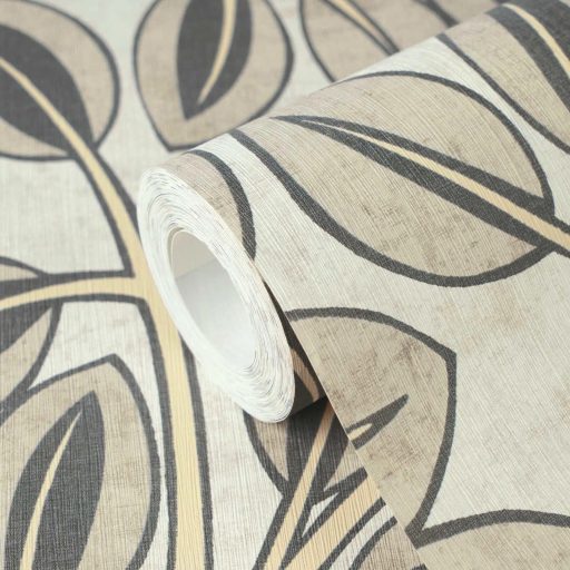 Ovális levelek absztrakt (naív) harmonikus mintája krémfehér faszénszürke vaníliasárga és antracit tónus tapéta