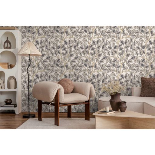 Ovális levelek absztrakt (naív) harmonikus mintája krémfehér faszénszürke vaníliasárga és antracit tónus tapéta