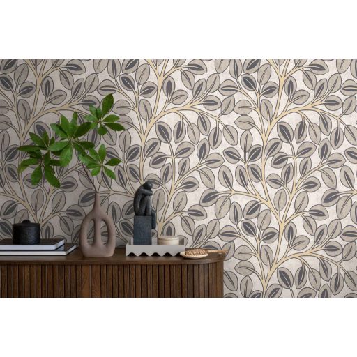 Ovális levelek absztrakt (naív) harmonikus mintája krémfehér faszénszürke vaníliasárga és antracit tónus tapéta