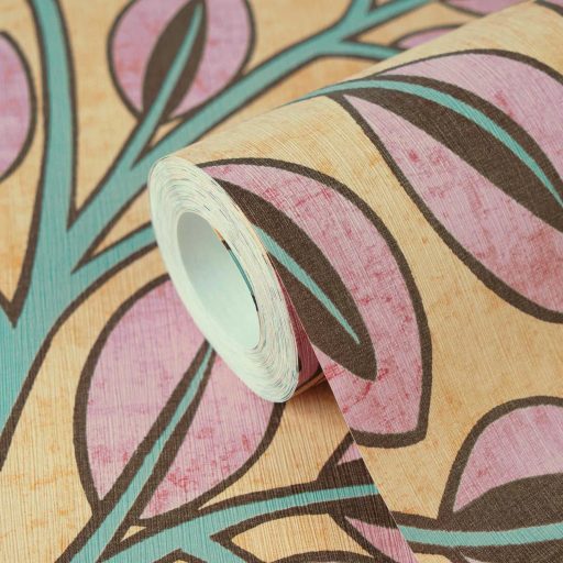 Ovális levelek absztrakt (naív) harmonikus mintája sárgásbézs/mustársárga porrózsaszín/mályva barna és türkiz/menta tónus tapéta