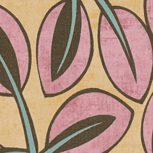 Ovális levelek absztrakt (naív) harmonikus mintája sárgásbézs/mustársárga porrózsaszín/mályva barna és türkiz/menta tónus tapéta