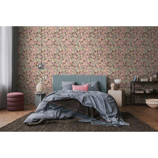 Ovális levelek absztrakt (naív) harmonikus mintája sárgásbézs/mustársárga porrózsaszín/mályva barna és türkiz/menta tónus tapéta