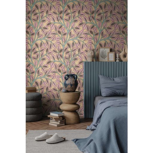 Ovális levelek absztrakt (naív) harmonikus mintája sárgásbézs/mustársárga porrózsaszín/mályva barna és türkiz/menta tónus tapéta