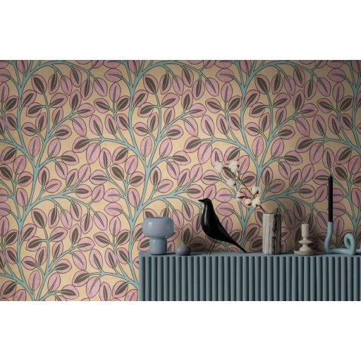 Ovális levelek absztrakt (naív) harmonikus mintája sárgásbézs/mustársárga porrózsaszín/mályva barna és türkiz/menta tónus tapéta