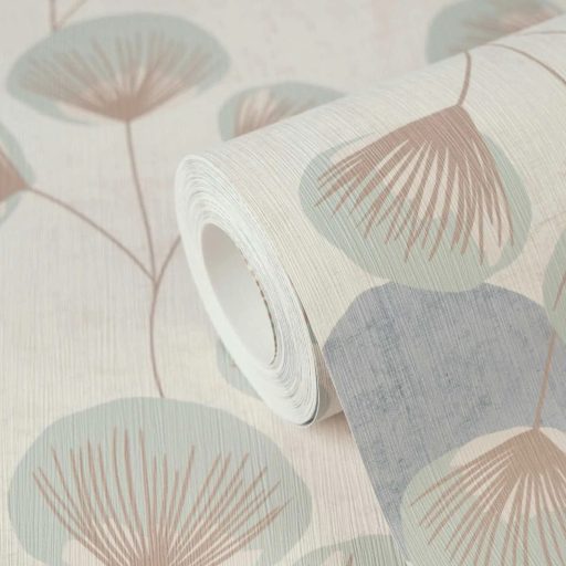 Álmodozó gingko-szerű levelek lebegő költői szépségű mintája krémfehér kékesszürke mentazöld és tejeskávé tónus tapéta