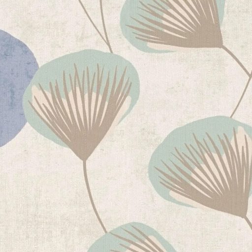 Álmodozó gingko-szerű levelek lebegő költői szépségű mintája krémfehér kékesszürke mentazöld és tejeskávé tónus tapéta