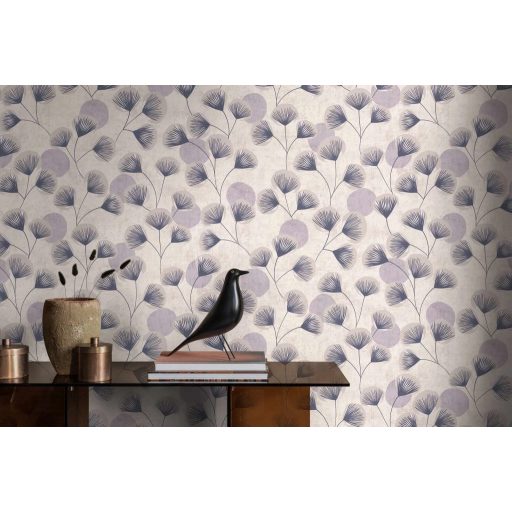 Álmodozó gingko-szerű levelek lebegő költői szépségű mintája krémfehér levendula szürke és antracit tónus tapéta