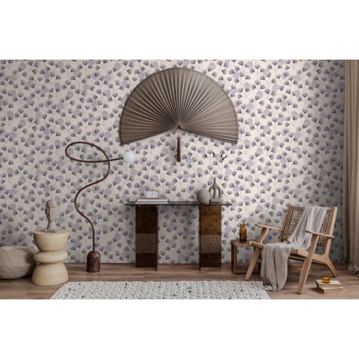 Álmodozó gingko-szerű levelek lebegő költői szépségű mintája krémfehér levendula szürke és antracit tónus tapéta