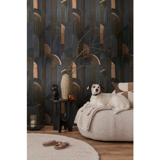 Art deco jegyeket hordozó impozáns 3D geometriai műalkotás antracit fekete és bronz tónus falpanel