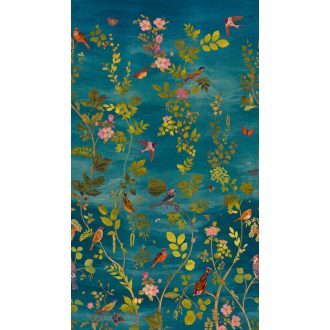   Titkos akvarell látomás színpompás madarakkal és vadrózsákkal petrolkék mustársárga és sokszínű tónus falpanel