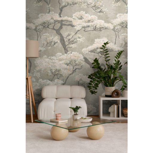 Virágzó japán fenyőliget a zen harmónia jegyében taupe zsályazöld púderrózsaszín és szürke tónus falpanel