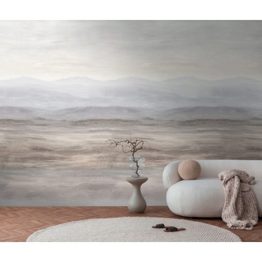Hegycsúcsokon ködbe vesző horizont csendes békéje panoráma füstszürke taupe földes-barna törtfehér és kékesszürke tónus falpanel